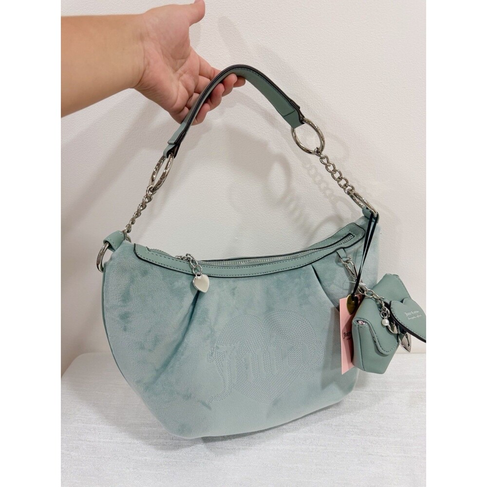 NWT Juicy Couture Queen Couture Hobo Bag Sage Mint Green Velour Rhinestone Heart - Picture 2 of 10